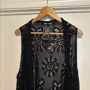 Johnny Was Black Floral Crochet Vest